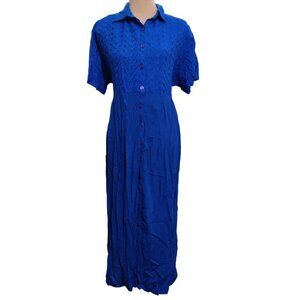 Vintage 220 Hickory Womens Dress Maxi Floral Embroidery Short Sleeves Blue Sz XL